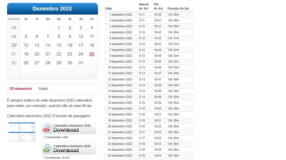 O site Calendário 365 mostra a duração de dia além dos feriados nacionais, confira — Foto: Reprodução/Juliana Campos
