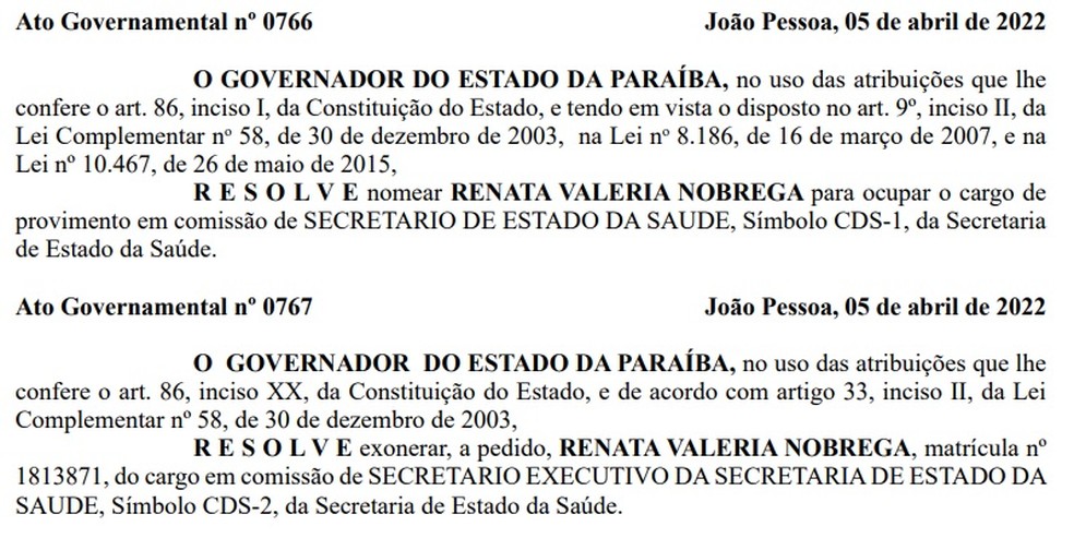 Nomeação de Renata Nobrega como Secretária de Estado da Saúde da Paraíba é publicada — Foto: Reprodução/Diário Oficial do Estado (DOE)