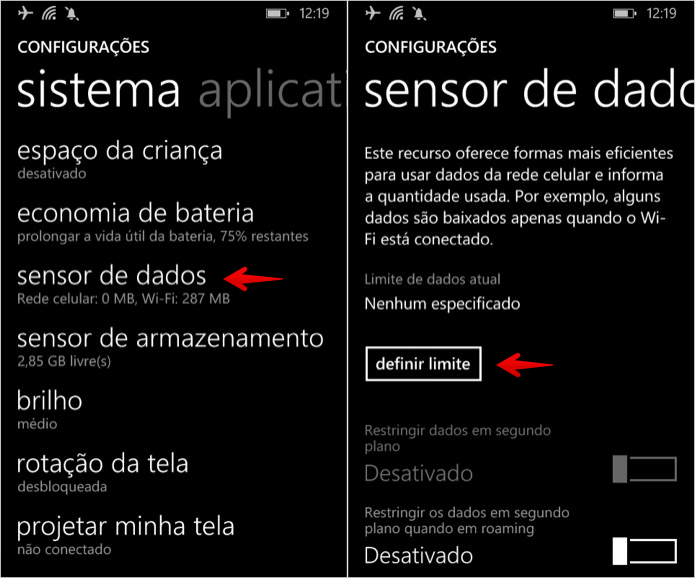 Configurando o sensor de dados do Windows Phone (Foto: Reprodução/Helito Bijora)