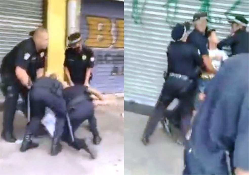 Jovem é imobilizado de forma violenta após reclamar de guarda que fez 'fiu fiu' para a namorada — Foto: Reprodução