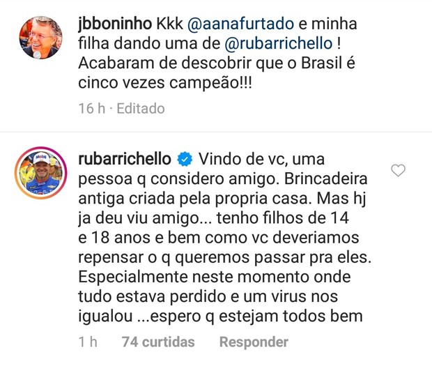 Rubinho Barrichello se incomoda com post de Boninho (Foto: Reprodução/Instagram)