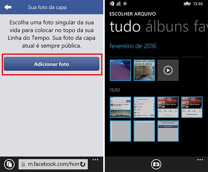 Facebook para navegador pode escolher foto de capa a partir de fotos do Windows Phone (Foto: Reprodução/Elson de Souza)