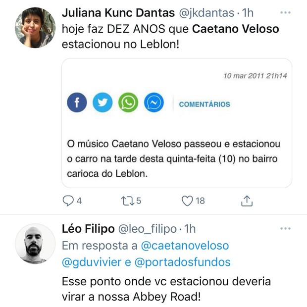 Caetano Day: manchete de Caetano Veloso estacionando no Leblon completa 10 anosSato (Foto: Reprodução/Instagram)