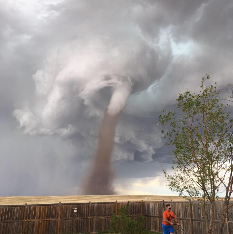 Homem continua cortando a grama enquanto tornado passa por sua casa (Foto: Reprodução/Facebook/Cecilia Wessels)