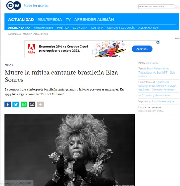 Morte de Elza Soares repercute no Deutsche Welle (Foto: Reprodução)