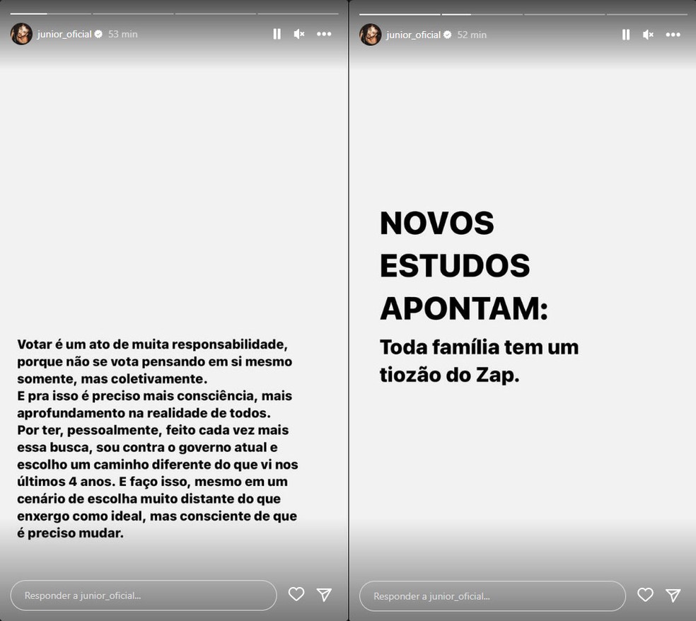 Junior se manifesta sobre eleições no Instagram e brinca que 'toda família tem um tiozão do zap'. — Foto: Reprodução/Instagram/junior_oficial