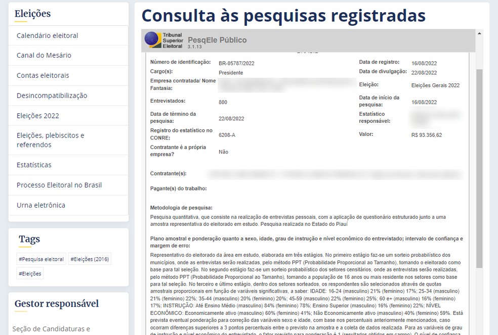 Site do TSE mostra metodologia utilizada na pesquisa eleitoral — Foto: Reprodução/Rodrigo Fernandes