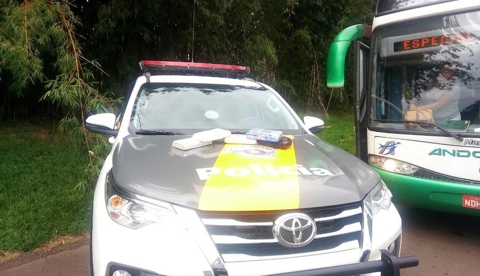 Cinco tabletes de cocaína foram apreendidos e dois bolivianos presos em Santa Cruz do Rio Pardo (Foto: Polícia Rodoviária / Divulgação )