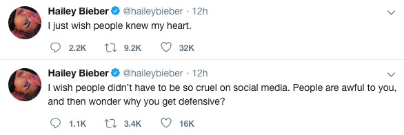 Os tuítes de Hailey Baldwin, esposa de Justin Bieber, criticando os ataques virtuais contra ela (Foto: Twitter)
