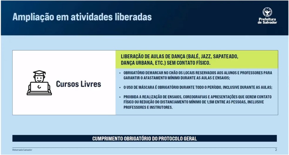 Veja protocolos de ampliação dos cursos livres em Salvador — Foto: Reprodução/Prefeitura de Salvador