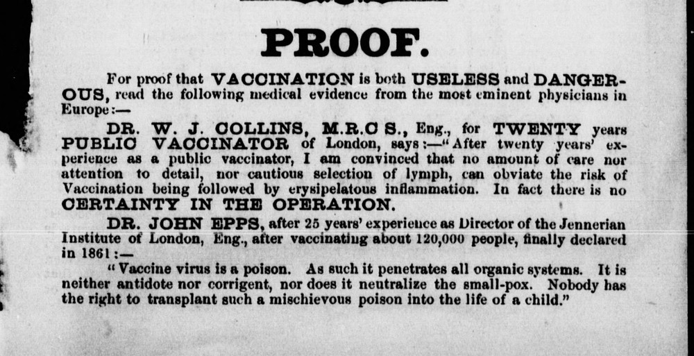 A seção final do Panfleto de Ross inclui uma longa lista de depoimentos contra a vacinação dos “médicos mais eminentes da Europa”.  (Foto: Biblioteca Digital HathiTrust)
