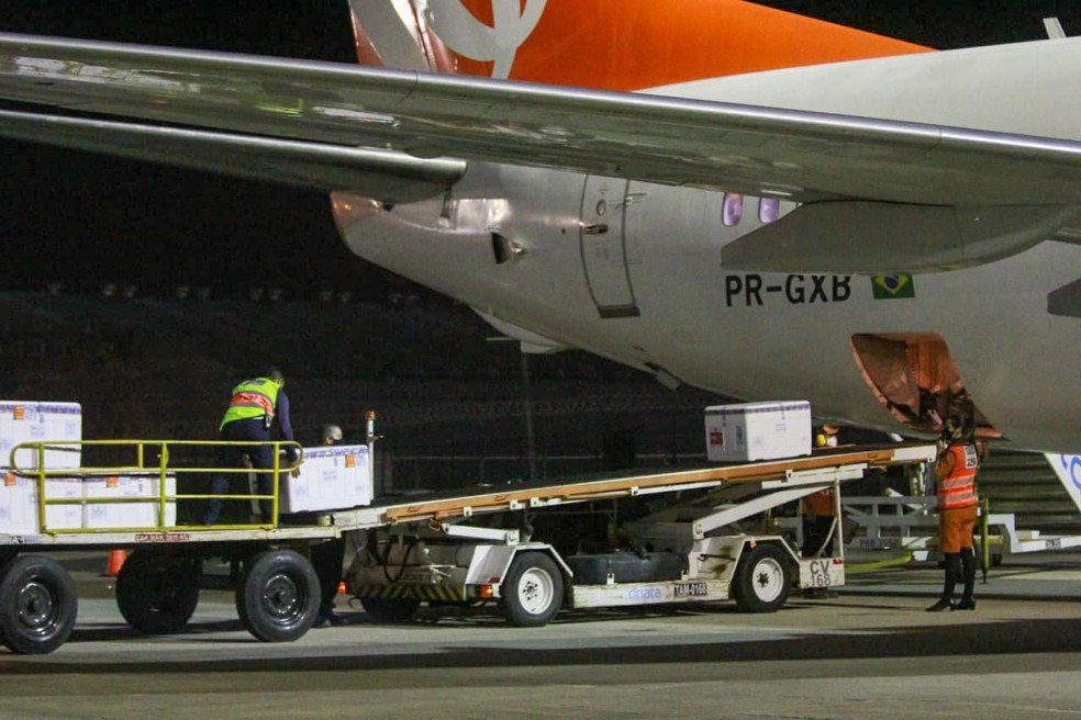 Novo lote com 231.500 doses da vacina AstraZeneca chegaram ao Ceará na madrugada desta quarta-feira (26). — Foto: Helene Santos/ Governo do Estado
