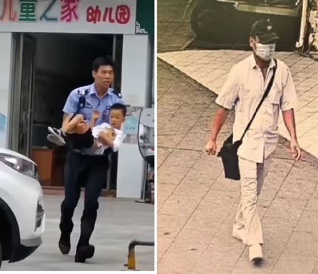 Polícial carrega criança para ambulância (à esq.) e imagem do suspeito divulgada pela mídia chinesa (à dir.) (Foto: Reprodução/ Daily Mail)