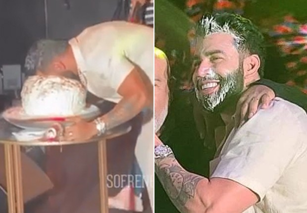 Gusttavo Lima enfia a cara no bolo em seu aniversário de 33 anos (Foto: Reprodução/Instagram)