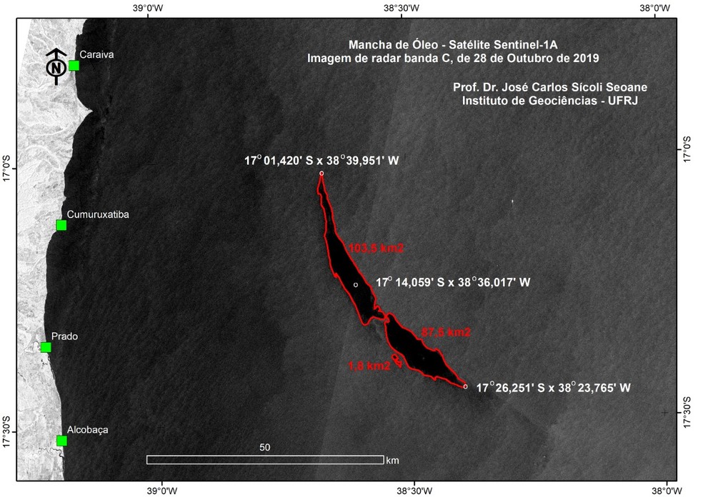 Imagem do satélite Sentinel mostra mancha com características de óleo a 50 km da costa da Bahia — Foto: Arquivo pessoal/José Carlos Seoane