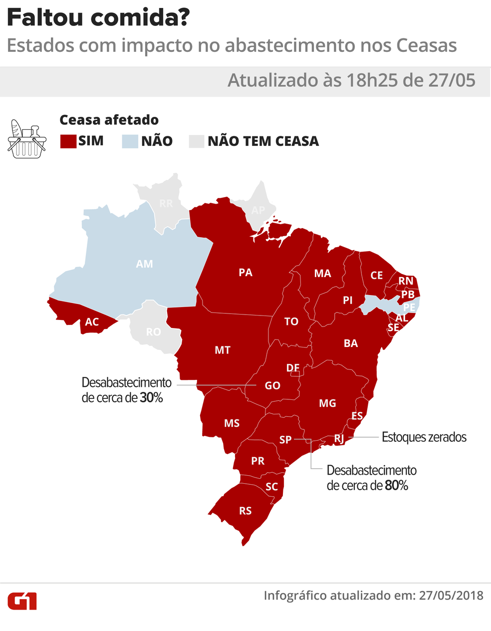 Mapa dos estados onde houve impacto no abastecimentos dos Ceasa (Foto:  Igor Estrella/G1)