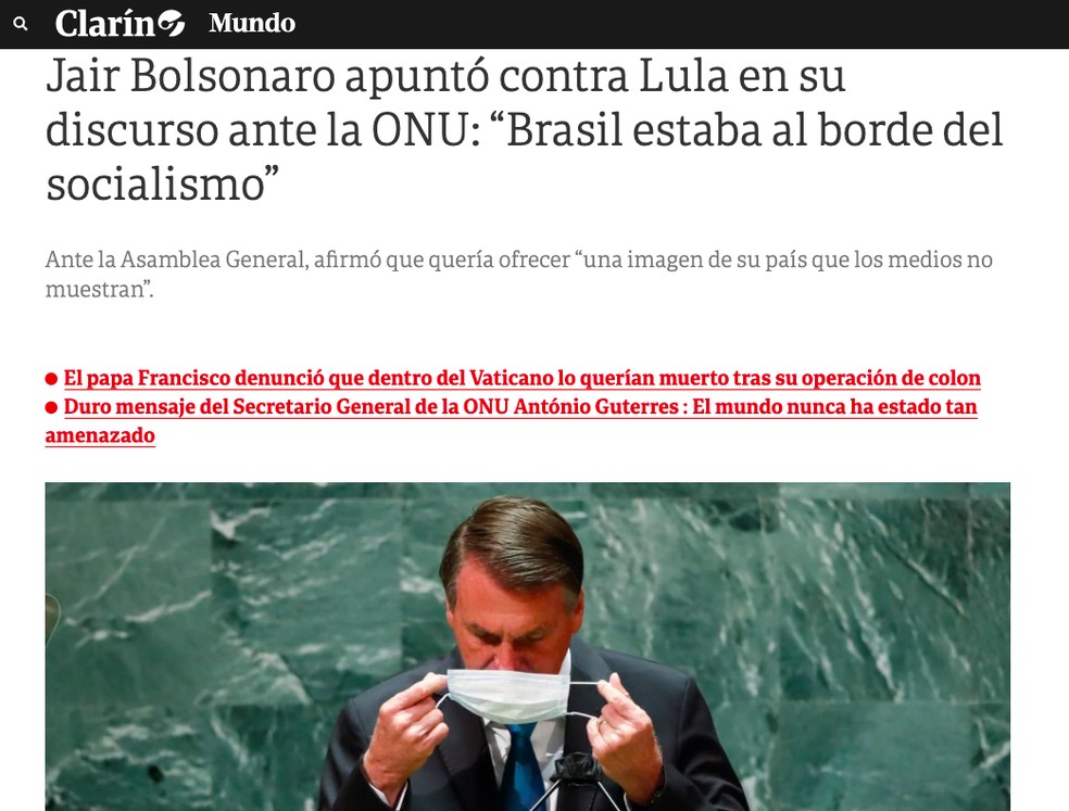 Jair Bolsonaro mirou contra Lula em seu discurso para a ONU: “Brasil estava à beira do socialismo” — Foto: Reprodução/Clarín