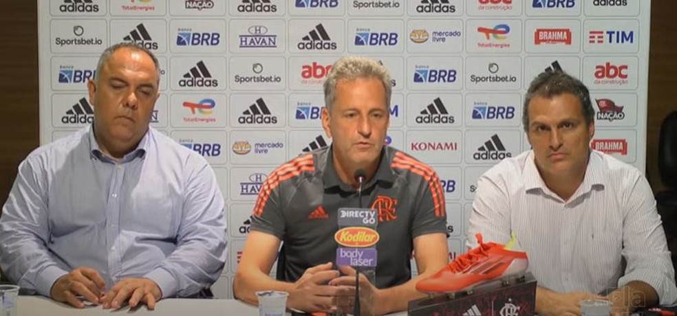 Marcos Braz, Rodolfo Landim e Bruno Spindel, dirigentes do Flamengo — Foto: Reprodução Fla TV