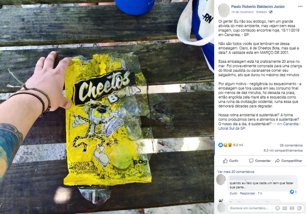 Postagem sobre a embalagem encontrada em Cananeia, SP, teve grande repercussão nas redes sociais  — Foto: Reprodução/Facebook