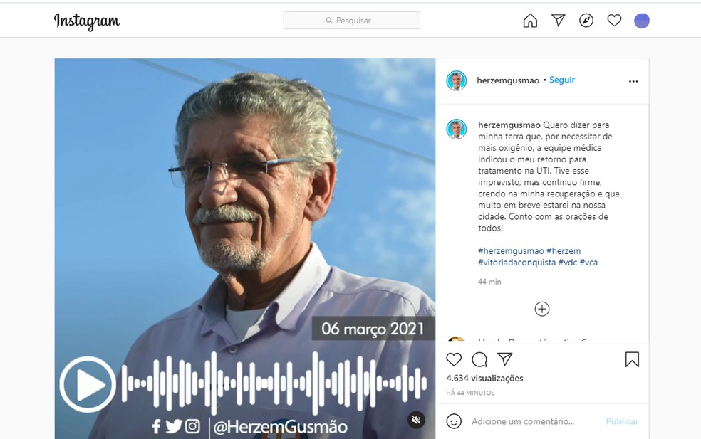 Herzem Gusmão informou pelas redes sociais que equipe decidiu pelo retorno dele à UTI — Foto: Reprodução/Instagram