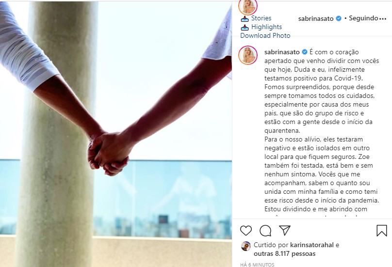 Sabrina Sato revela que testou positivo para Covid-19 (Foto: Reprodução Instagram)