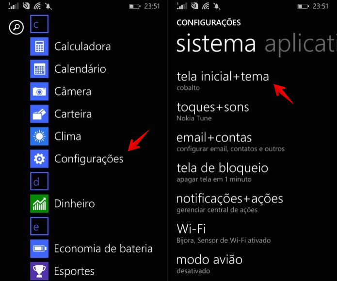 Acesse as configurações de tema do Windows Phone (Foto: Reprodução/Helito Bijora) 