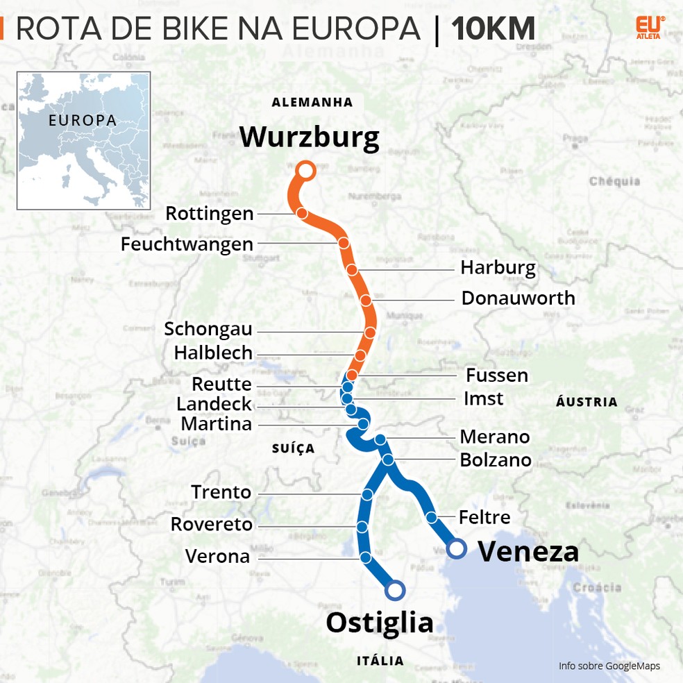 A rota que o casal ciclista vai percorrer (Foto: Editoria de Arte/Eu Atleta)