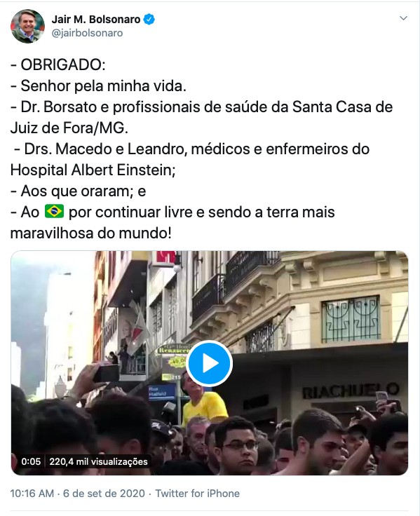 Post de Jair Bolsonaro em lembrança dos dois anos do atentado que sofreu