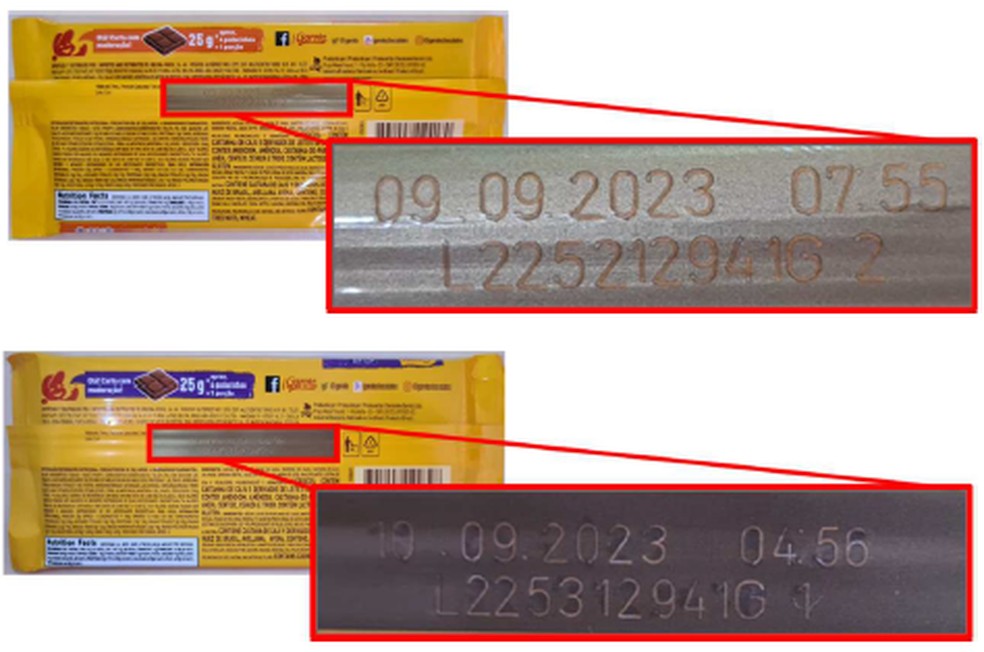 Como identificar lotes de chocolates Garoto recolhidos pela Anvisa. — Foto: Reprodução / Anvisa