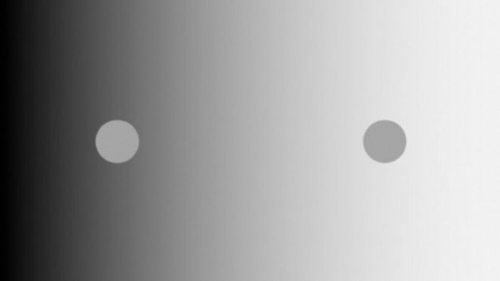 Pesquisadores do MIT descobriram que uma ilus&atilde;o visual cl&aacute;ssica chamada "contraste de brilho simult&acirc;neo", como a que vemos aqui, se baseia na estimativa de brilho que existe na retina, n&atilde;o no c&oacute;rtex visual do c&eacute;rebro. Nesta imagem, os dois c&iacute;rculos pequenos parecem ter brilhos diferentes apesar de terem brilhos id&ecirc;nticos &mdash; Foto: MIT/Pawan Sinha