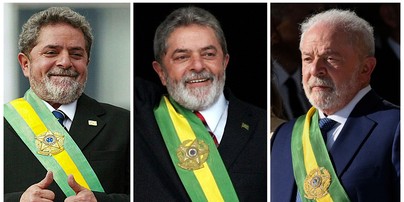Lula com a mesma faixa nas três ocasiões em que foi empossado presidente — Foto: AFP