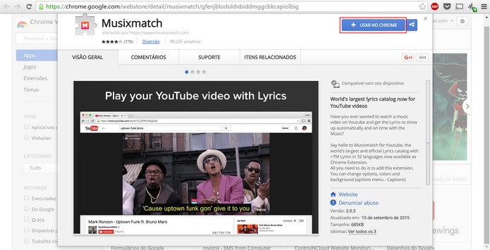Musixmatch adicionará letras de musicas no YouTube após usuário instalar extensão no Chrome (Foto: Reprodução/Elson de Souza)