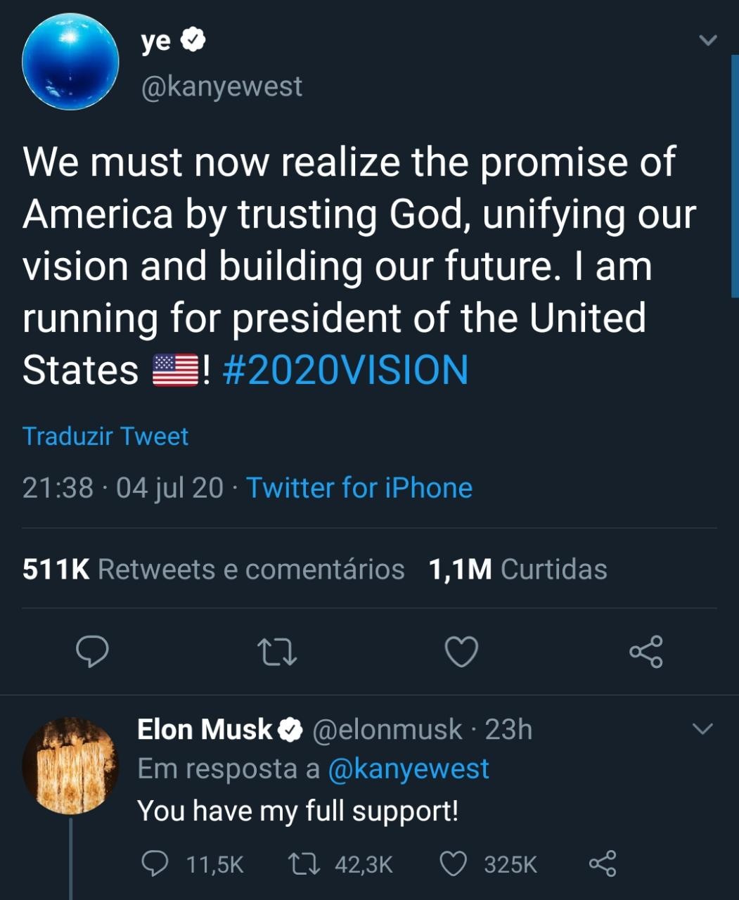 Tweet de Kanye West e a resposta, em apoio, de Elon Musk (Foto: Reprodução/Twitter)