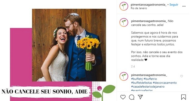 Postagem nas redes sociais do buffet Pimenta Rosa pede que clientes não cancelem seus eventos (Foto: Reprodução)