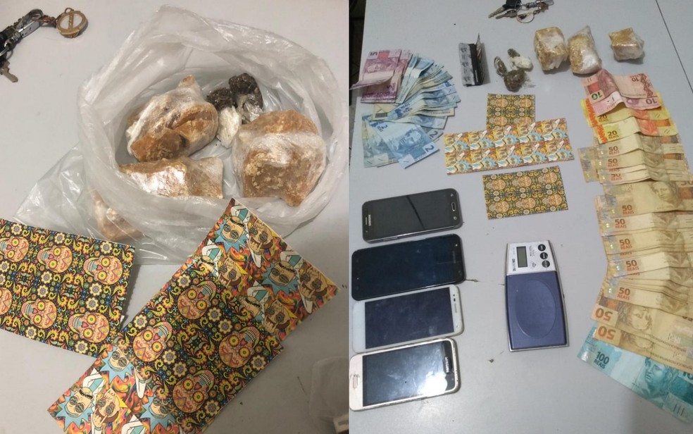 Foram apreendidos LSD, crack, dinheiro, celulares e balança de precisão com as suspeitas de tráfico — Foto: Polícia Militar/Divulgação