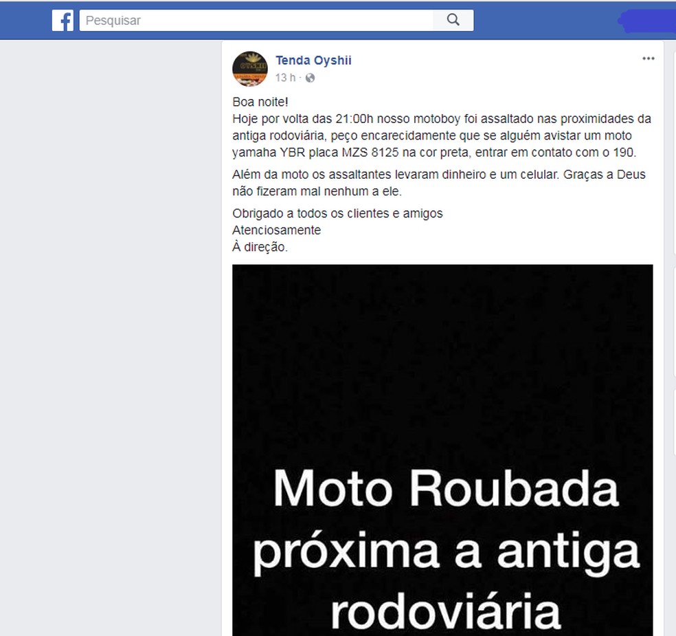 Entregador foi assaltado e bandidos fugiram levando motocicleta, dinheiro e celular (Foto: Reprodução/Facebook)
