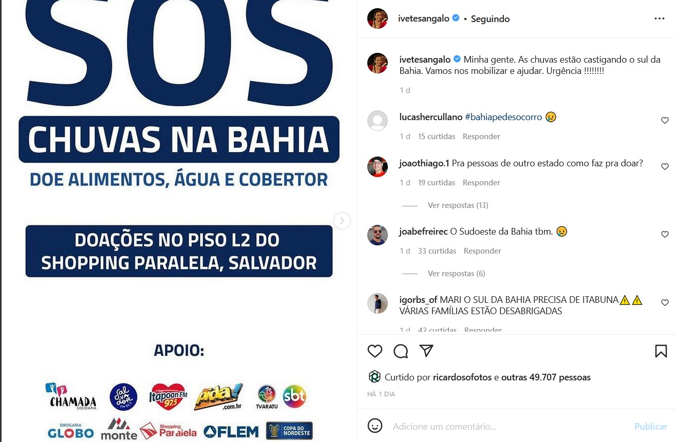 Ivete Sangalo pede doações para a Bahia (Foto: Reprodução/Instagram)