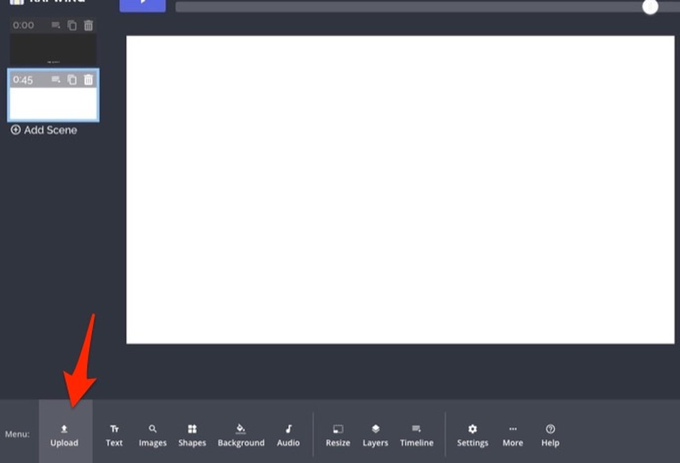 Ação para abrir uma nova janela de upload de arquivos no serviço online Kapwing — Foto: Reprodução/Marvin Costa