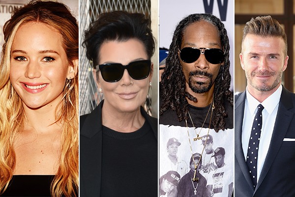 Jennifer Lawrence, Kris Jenner, Snoop Dogg e David Beckham (Foto: Getty Images)