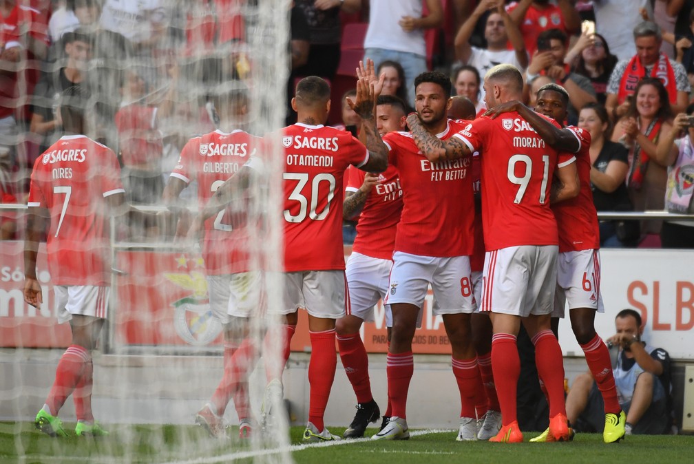 Jogadores do Benfica comemoram vitória na pré-temporada — Foto: Getty Images