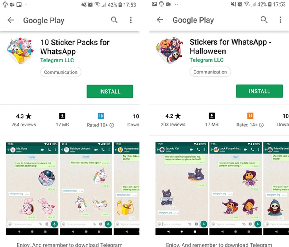 Encontre stickers do Telegram para WhatsApp na Google Play — Foto: Reprodução/Eduardo Manhães