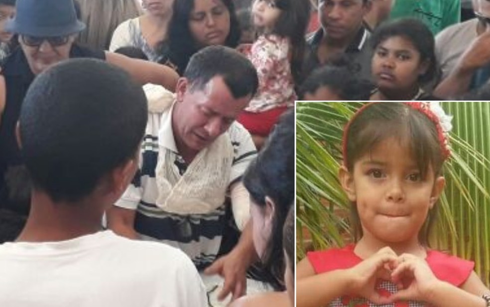 Pai se emociona durante velório da menina Júlia Rodrigues, em Goiânia (Foto: Renata Costa/TV Anhanguera)