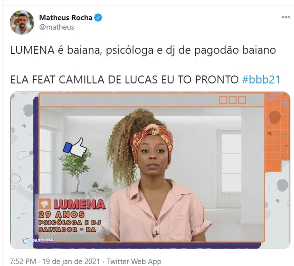 Lumena ganha sua torcida nas redes sociais — Foto: Reprodução/Twitter