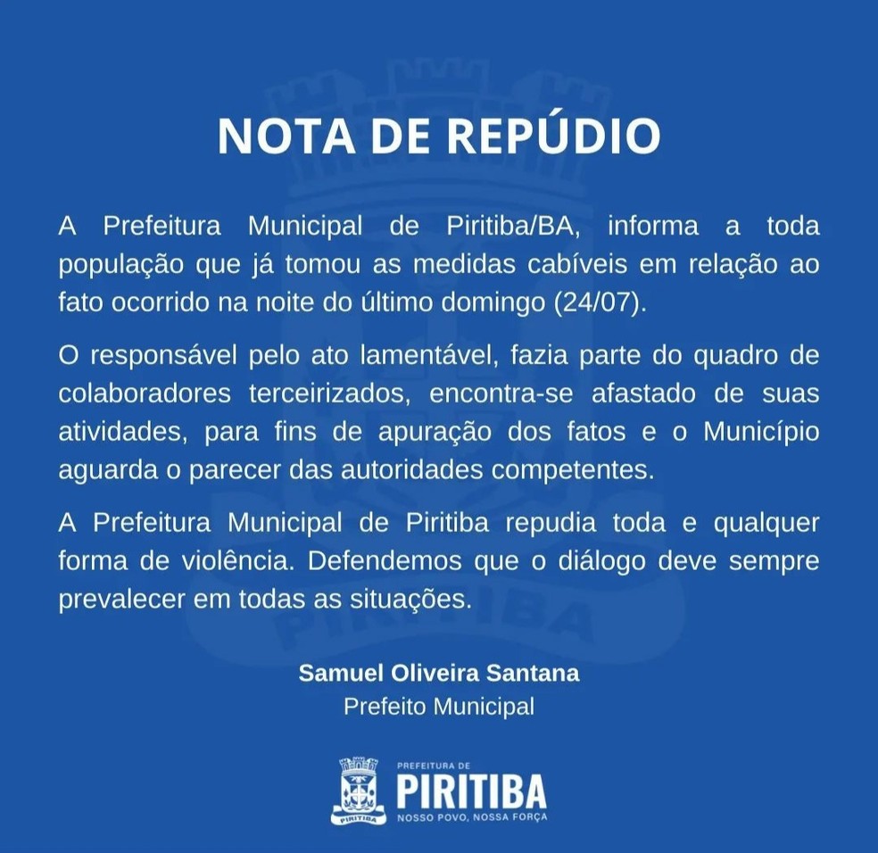 Prefeitura de Piritiba divulgou nota sobre a agressão — Foto: Reprodução/Redes Sociais