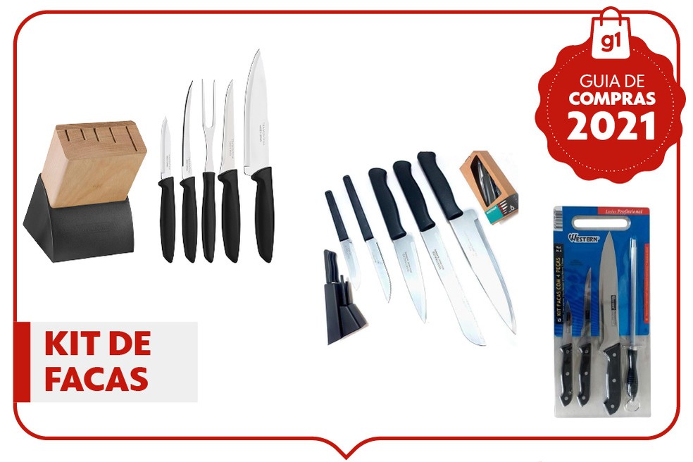 Guia de presentes para quem ama cozinha: kit de faca; da esquerda para a direita - Tramontina, Martinazzo e Western. — Foto: g1