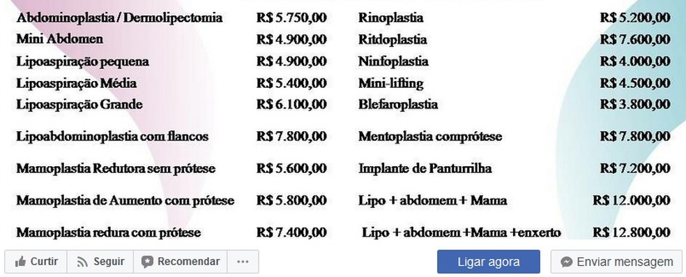 Empresa divulga em rede social tabela de preços de cirurgias plásticas (Foto: Facebook/ Reprodução)