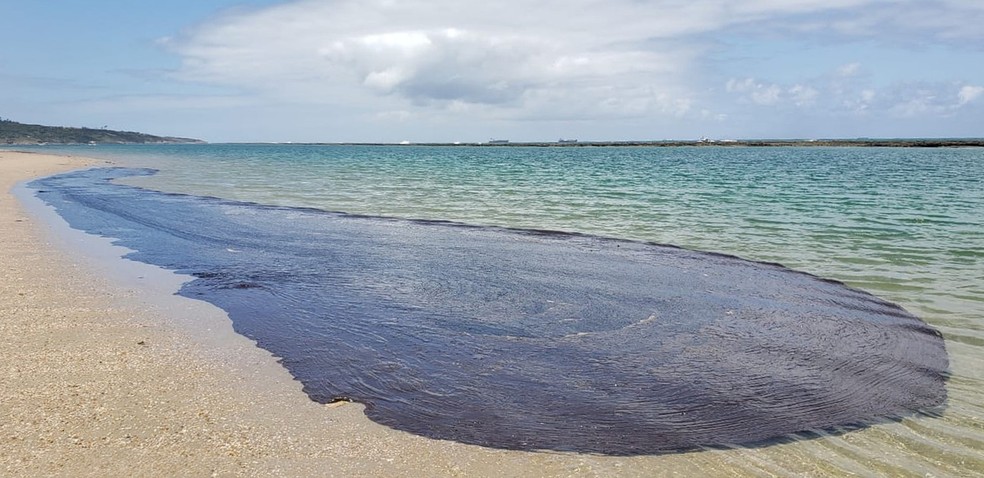 Mancha de óleo é encontrada em Suape, no Cabo de Santo Agostinho — Foto: Salve Maracaípe/Reprodução/WhatsApp