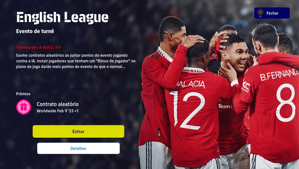 Evento de Turnê “English League” distribui um contrato aleatório do POTW — Foto: Reprodução in-game