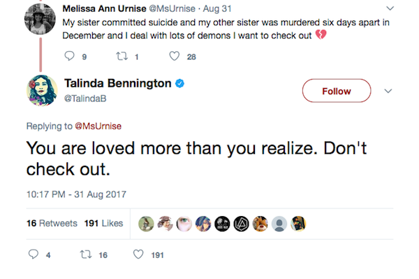 O apoio prestado pela viúva de Chester Bennington a uma fã que compartilhou seus pensamentos suicidas (Foto: Twitter)