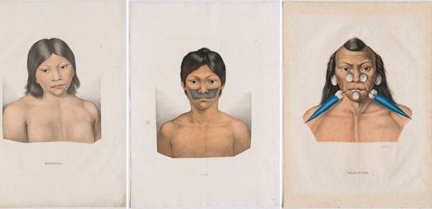 Índios Miranha, Iuri e Muxuruna, litografias coloridas a mão do álbum 